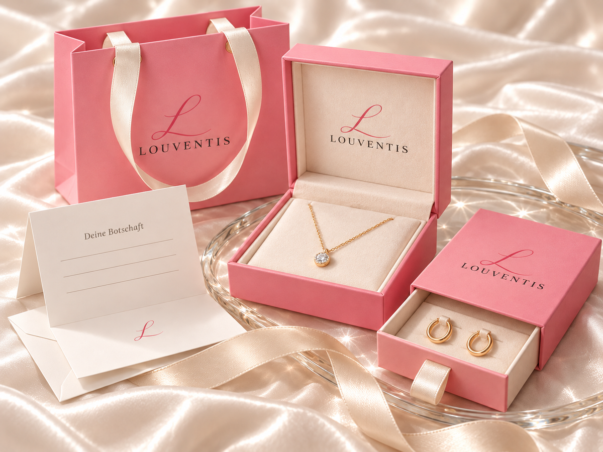 LOUVENTIS Geschenkverpackungen als Gestaltungsvorschau: geöffnete rosa Präsentationsbox mit Kette, Schubladenbox mit Satin-Zuglasche und Ohrringen, passende Papiertüte und Karte mit Schreiblinien und der Aufschrift Deine Botschaft.