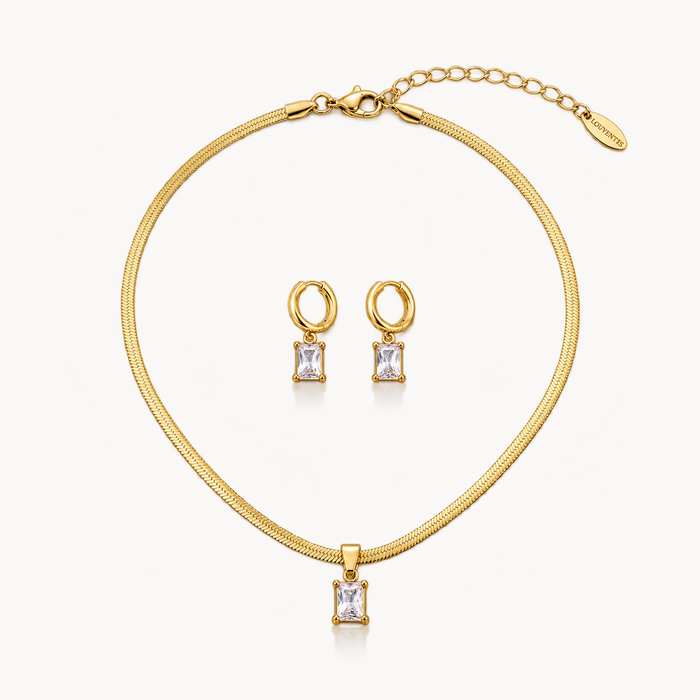 LUMEN Schmuckset in Gold: Halskette mit klarem rechteckigem Stein und ein Paar passende Ohrhänger
